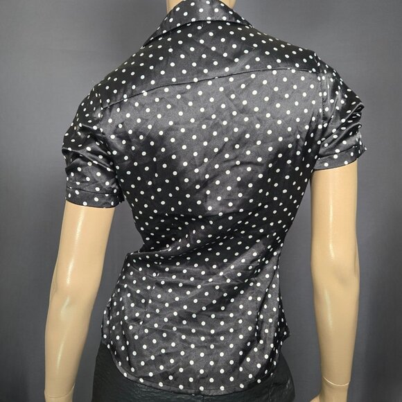 Y2K Fitted Satin Blouse Black Polka Dot Button Up Shirt Size S Short Sleeve - Picture 7 of 10
